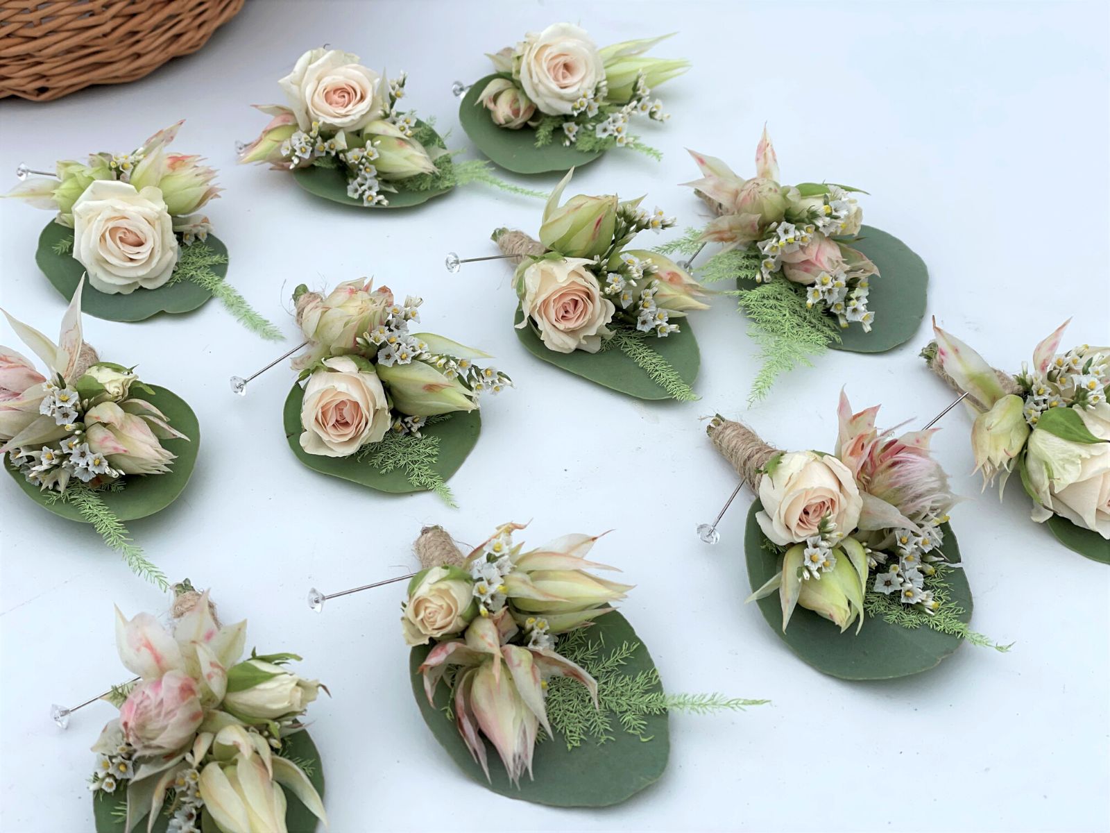 Protea Blushing Bride, Spray Roses, and White Peonies for the Corsages Blog by Kristina Rimiene on Thursd